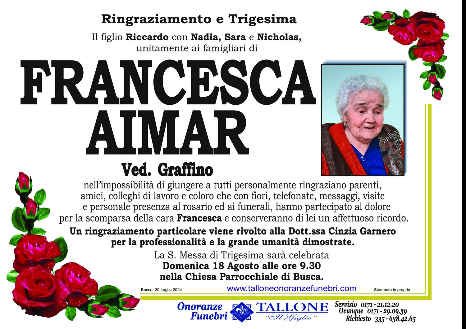 <br />
<b>Warning</b>:  Undefined variable $info in <b>/home/tallone/public_html/ringraziamenti.php</b> on line <b>68</b><br />
FRANCESCA AIMAR